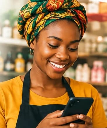 A smiling shop owner in a colourful head wrap checks customer messages on her phone